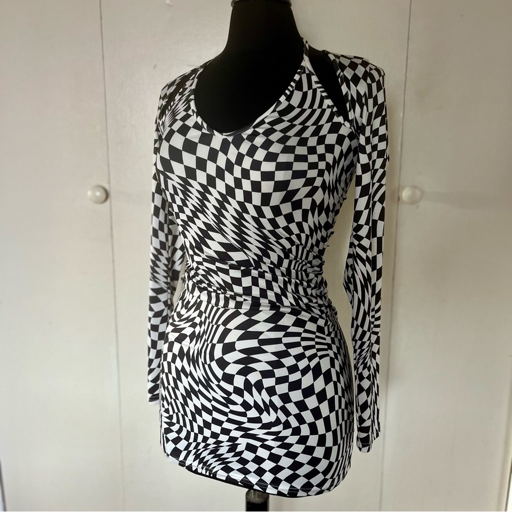 H&M Black and White Checker Print Dress Sm Rave Festival Punk Goth 80s 90s Y2K